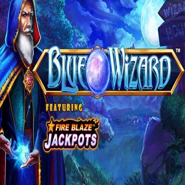 Blue Wizard Fire Blaze Jackpots slot logo by Rarestone Gaming at Catspins Casino